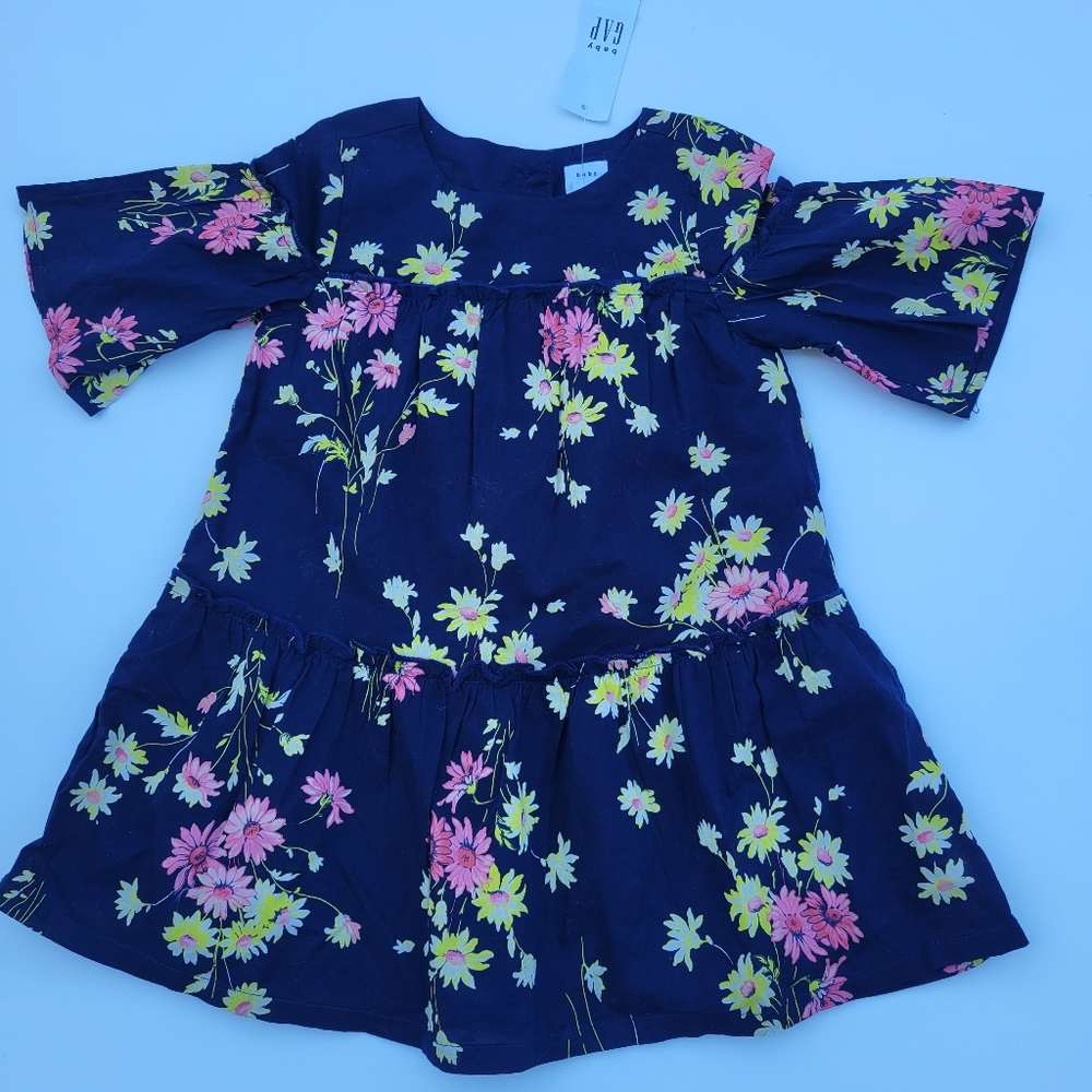 Gap kids 3 tier Navy Lined Floral dress 3/4 Sleeve